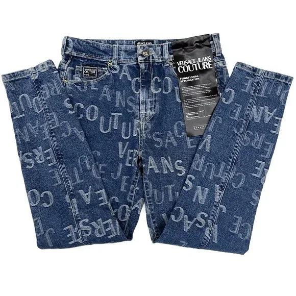 NWT $525 Authentic Versace Couture allover logo stretchy cotton jeans 27 - Picture 7 of 17